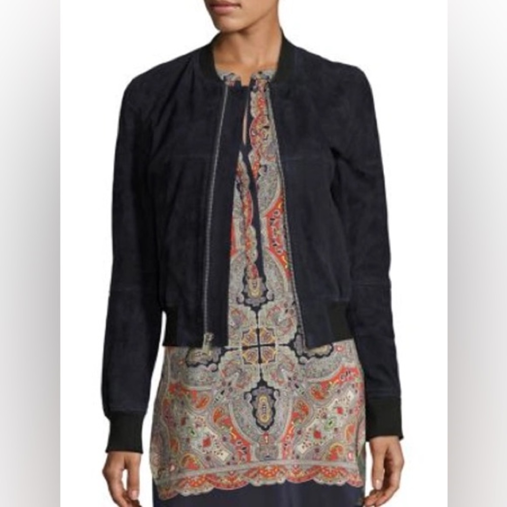 Theory Daryette S Benna Suede Lamb Leather Bomber Jacket Navy Blue Size SP - Picture 2 of 15